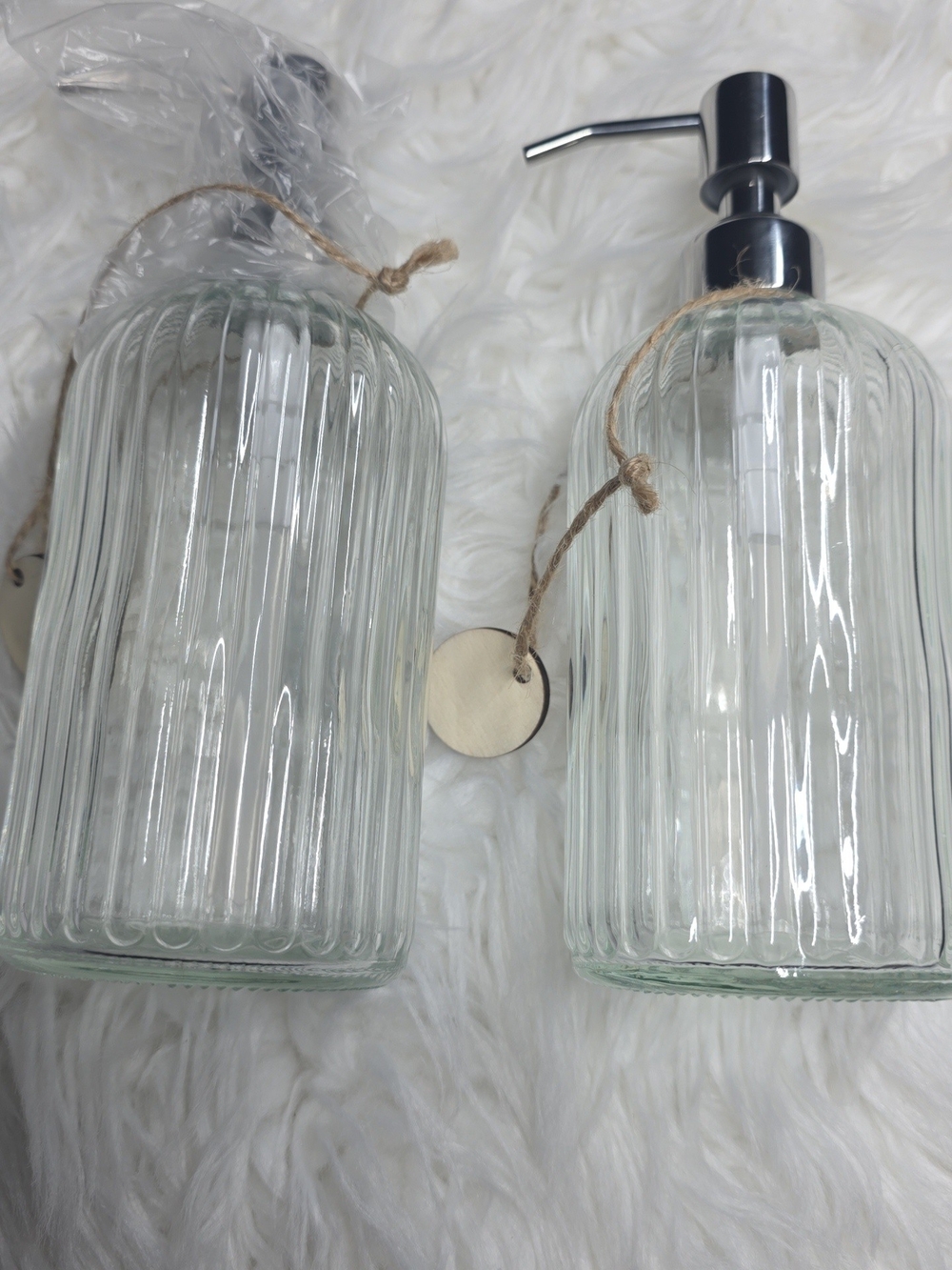 Clear Glass Ribbed Soap Dispenser with Silver Pump - Unbranded